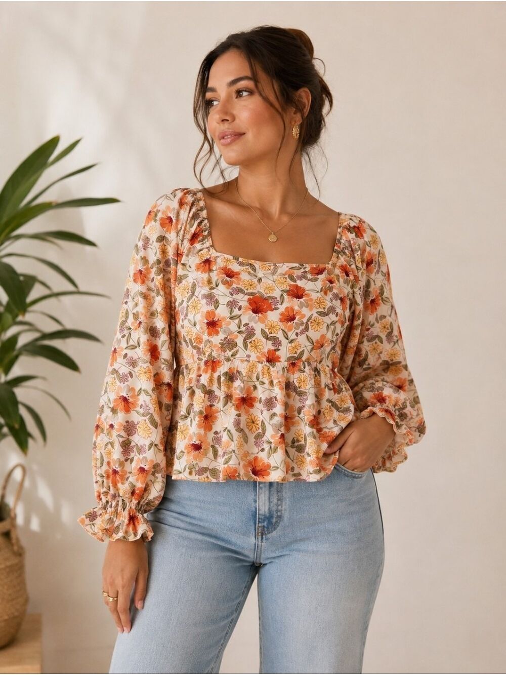 SHEIN Curve 1XL Retro Floral Square Neck Puff Sleeve Peplum Top